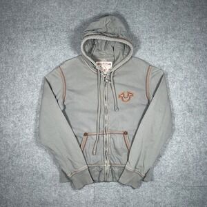 True Religion Hoodie Mens Small Grey full zip Hodgie Big T Stitch Y2K Streetwear